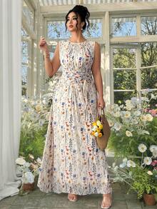 Elenzga Đầm maxi dáng chữ A không tay, cổ tròn, xếp ly, thắt eo, màu mơ, chất liệu lưới hoa thanh lịch dành cho nữ cỡ lớn, phù hợp cho các buổi họp mặt gia đình, trang phục dự tiệc cưới, tiệc tùng, đầm dự tiệc sang trọng. - Màu be - Xem 8