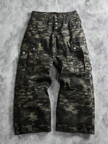 Manfinity ZONE917 街头风迷彩工装裤，纽扣设计多口袋休闲宽松阔腿牛仔裤 - 軍綠色 - 查看 1