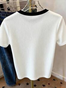 Lyxana Camiseta casual de mujer con bloques de color, rayas y decoración de lazo, para verano - Blanco - Ver 2