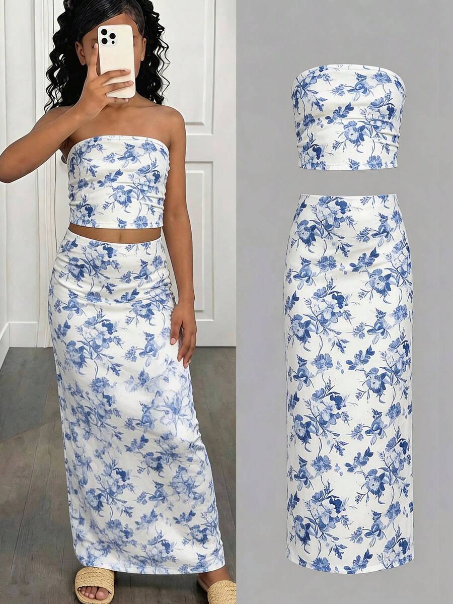 SHEIN Set med blommigt tubtopp och minikjol för tweenflickor, semester - Multifärgad - Visa 1