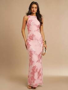 3D Floral Fitted Minimalist Sexy Dress - Rose Red - View 7