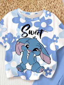 SHEIN 可爱卡通蓝色兔子露露和史迪奇图案，芭蕾舞风格，蓝色渐变花卉，女婴休闲宽松圆领短袖T恤和打底裤套装，适合春夏穿着，可爱夏季服装，夏季儿童单品 - 彩色 - 查看 4