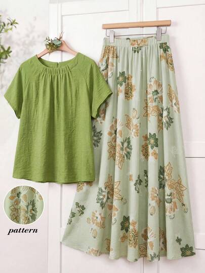 Rusticease Set casual da donna composto da top a maniche corte tinta unita e gonna a stampa floreale, per l'estate