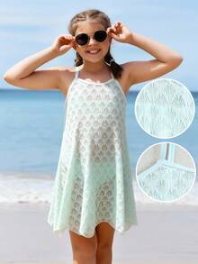 SHEIN Bata de punto con estampado de concha en verde menta para niñas preadolescentes, traje de baño de una pieza, informal para vacaciones, adecuado para verano, playa, piscina, fiesta de vacaciones - verde menta - Ver 3