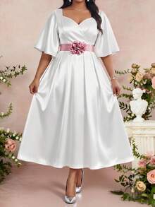 Fleurora Plus Size Women White Elegant Summer Dress,Wedding Ninang Round Neck Flare Sleeve A Line Satin Midi Dress,Formal Party Cocktail Graduation Gown - White - View 3