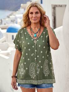 EMERY ROSE Blusa de manga corta con botones y estampado floral para mujer talla grande, estilo boho de verano para vacaciones y días festivos, estilo casual de campo y playa - Verde militar - Ver 8