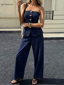 Siren Gaze Bộ đồ nữ thường ngày thời trang, sành điệu, gồm áo crop top cài cúc đơn và quần ống rộng, thích hợp cho đi làm, mùa xuân/hè. - Màu xanh lam - Xem 4