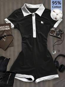 Attitoon Mono informal de mujer con estampado de jinete y ribete de contraste para uso diario - Blanco y Negro - Ver 1