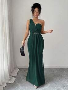 SHEIN Elenzya Đầm nữ thanh lịch, lãng mạn, tinh tế với cổ áo bất đối xứng, thắt eo, đuôi cá, điểm xuyết ngọc trai, thích hợp cho các bữa tiệc và họp mặt. - Màu xanh lá cây đậm - Xem 5