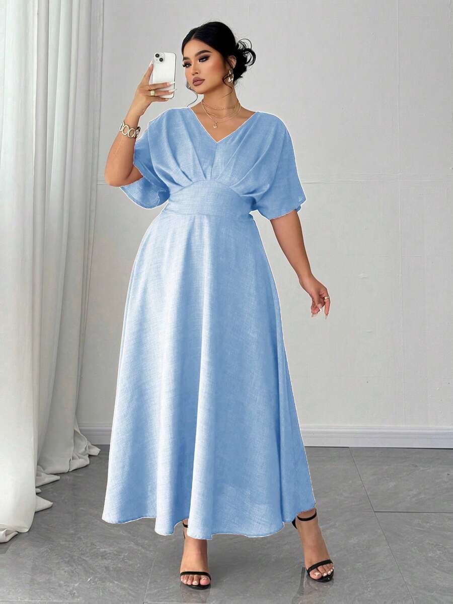 Elenzga 大码V领纯色短袖休闲连衣裙,简约时尚,适合日常穿着,情人节礼物 - 藍色 - 查看 1