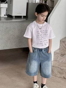Dazy Kids Pantalones cortos vaqueros sueltos de verano informales para niños preadolescentes con bloques de color lavados y bolsillos parche - Azul - Ver 4