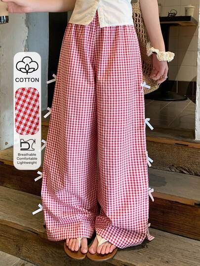 DAZY Women's Casual Loose Straight Leg Pants With Plaid Patchwork, Bow Decor, Suitable For Spring, Summer, Valentine's Day, Wedding, Beach, Vacation,
