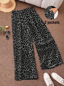 CosyJoli Pantalones sueltos y casuales de talla grande con estampado de leopardo - Gris Oscuro - Ver 5
