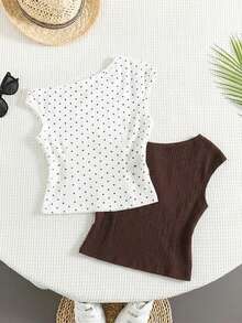 SHEIN 4件套少女白色针织休闲简约波点印花不对称褶皱短款上衣，适合春夏穿着，休闲百搭，可打造个性造型，日常穿着。另有棕色少女短款波点上衣，适合夏季穿着。Y2K度假风，2026春夏潮流，哥特风，街头风，酒红色，假日复古波西米亚风，节日派对，可爱生日装，男童简约休闲舒适款。 - 白色 - 查看 4
