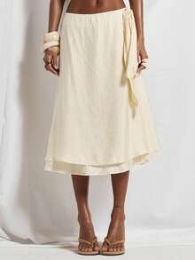 MUSERA 垂褶腰带低腰飘逸宽松中长裙套装下装（仅限下装）可爱假日性感夜生活度假春夏优雅阳光垂褶 - 灰色 - 查看 2