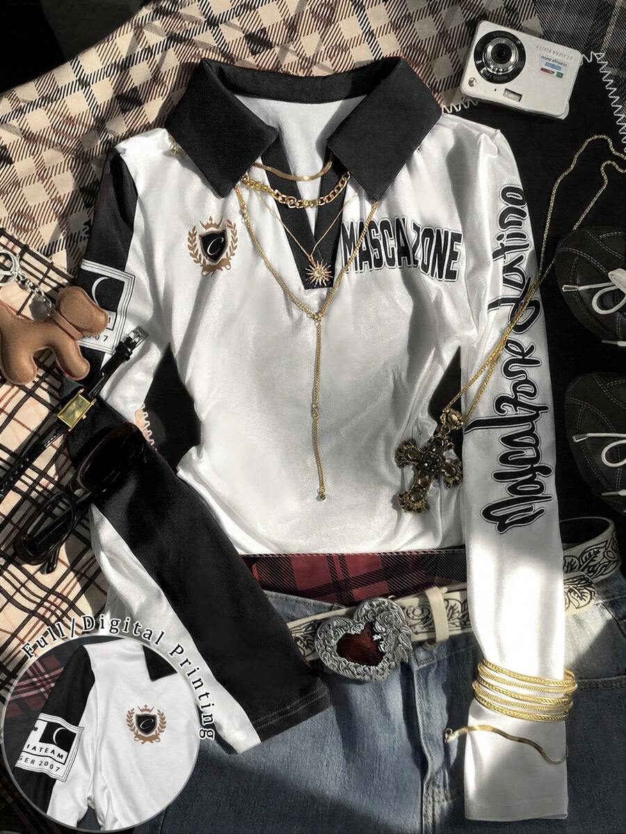 Glimmora 这款女士复古2000年代风格Polo领T恤非常适合音乐节、校园生活和日常通勤。休闲、简约、时尚，是送给朋友的绝佳礼物。 - 彩色 - 查看 1