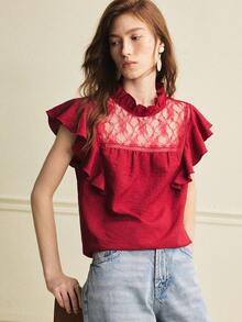 Écloséra 女士法式休闲百搭通勤蕾丝荷叶边拼接衬衫，春夏款 - 酒紅色 - 查看 5
