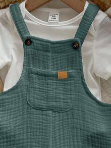 Newborn Baby Boy Cute Versatile Solid White Gauze Bib Overalls Shorts,Kids - Mint Green - View 4