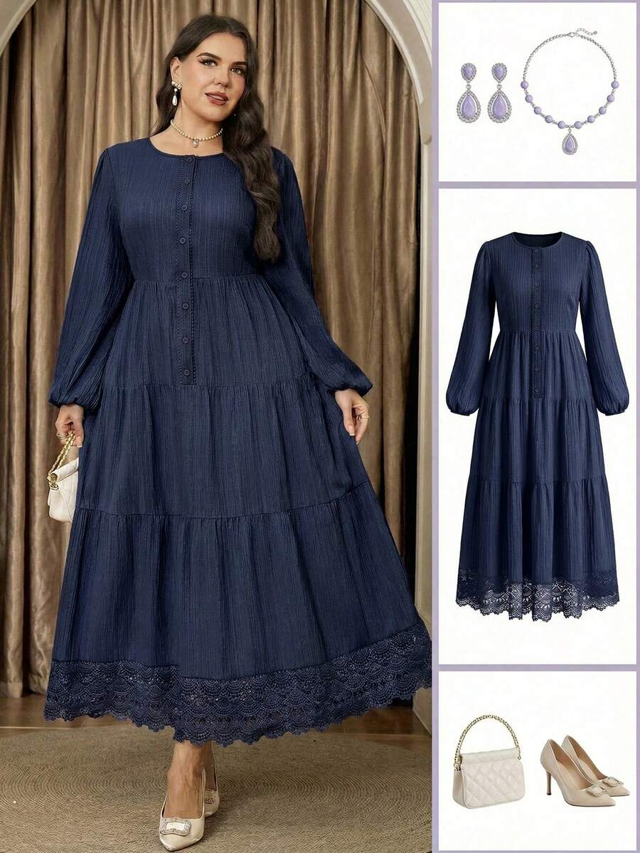 Veilorie Plus Size Elegant Commuter Solid Color Lace Patchwork Dress - Navy Blue - View 1