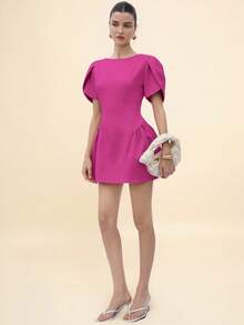 BELROSIE Italian Style Tulip 3D Short Sleeve Round Neck Peplum Hem Split Skirt Women Short Princess Dress - Rose Red - View 3