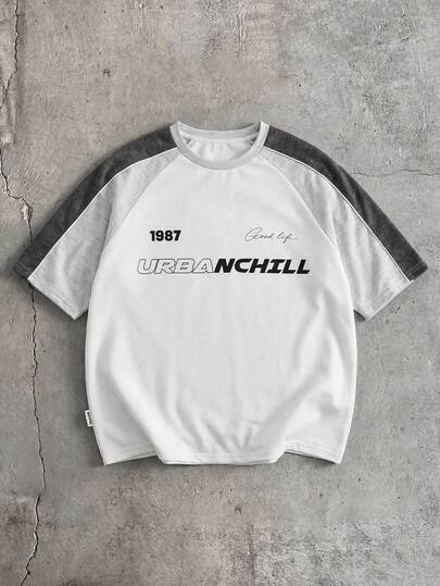 Manfinity Unisex 男士针织时尚休闲日常年轻宽松拼布印花图案短袖 T 恤，夏季、学校、秋季