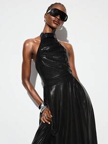 Aveloria GENKIRA Robe métallique à col ras-du-cou et dos nu avec fermeture éclair, en tissu noir brillant, design col Top et dos nu avec fermeture éclair, robe longue ajustée, polyvalente pour soirée urbaine futuriste au printemps/été - Noir - Voir 7