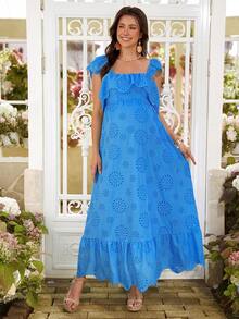 SHEIN 孕妇波西米亚风蕾丝边露肩褶皱连衣裙 - 藍色 - 查看 5