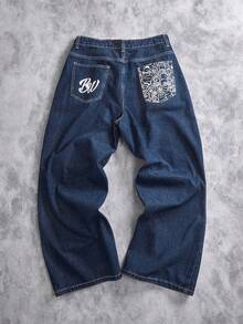 Manfinity ZONE917 Men's Casual Everyday Letter Print Loose Wide-Leg Jeans - Medium Wash - View 1