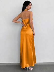 SHEIN Cottnline Solid Color Square Neckline, Wist-Tie, Halter Backless Dress - Orange - View 2
