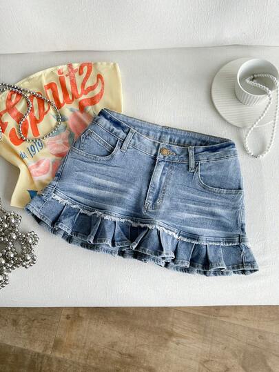 Elamini Ultra Low-Rise Pleated Denim Mini Skirt