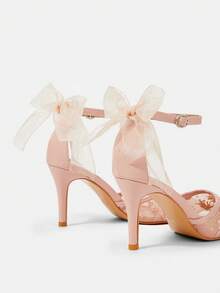 CUCCOO HITCHD 女士尖头高跟镂空粉色蕾丝蝴蝶结贴花优雅浪漫透气婚礼派对高跟鞋 - 粉色 - 查看 13
