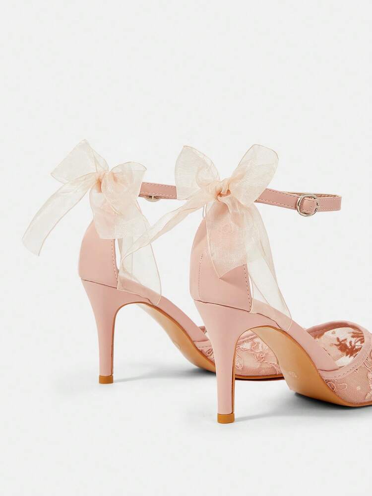 CUCCOO HITCHD Women's Pointed Toe High Heel Hollow Out Pink Lace Bow Applique Elegant Romantic Breathable Wedding Party Pumps For Christmas Elegant Shoes Wedding Shoes Summer Shoes Bride Shoes