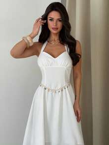 Firerie 女士优雅浪漫约会婚礼季连衣裙，白色露背A字连衣裙，饰以海洋图案面料，适合度假、海滩、日常休闲穿着。 - 白色 - 查看 3