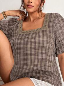 Freevana Plus Size Plaid Square Collar Short Sleeve Shirt - Coffee Brown - View 1