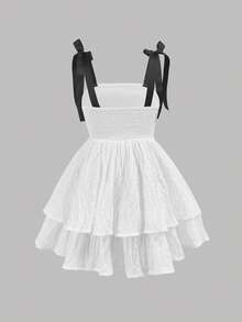 SHEIN 少女可爱纯色泡泡褶双层蛋糕休闲蝴蝶结吊带法式仙女裙，优雅蛋糕裙，毕业礼服，生日礼服，公主裙，花童礼服，白色连衣裙 - 白色 - 查看 6