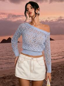 Poéselle 女士透视斜肩长袖修身针织上衣，适合日常穿着 - 藍色 - 查看 5