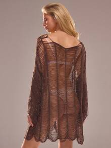 MUSERA Đầm dệt kim cổ xẻ rách tua rua đính hạt, thích hợp cho kỳ nghỉ hè, đi biển, Ibiza, lễ hội, thanh lịch, Cherry Moon - Màu nâu Sô-cô-la - Xem 4