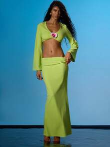 MUSERA V Neck Flower Detail Long Sleeve Top With Maxi Skirt Coord Sold As Set Summer Sexy Going Out Beach Holiday Ibiza Club Tropical Fever - Green - View 5