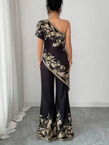 Selianne Conjunto de 2 piezas con pantalones de pierna ancha y acampanada de cintura alta, diseño de hombros caídos y estampado floral asimétrico para mujer, de estilo casual - Multicolor - Ver 2