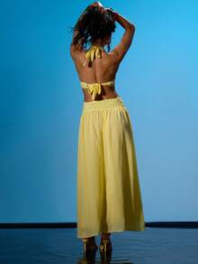MUSERA 低胸垂褶露背吊带花边镂空露背长裙，夏季性感海滩度假伊比沙岛俱乐部热带风情 - 淡黃色 - 查看 4