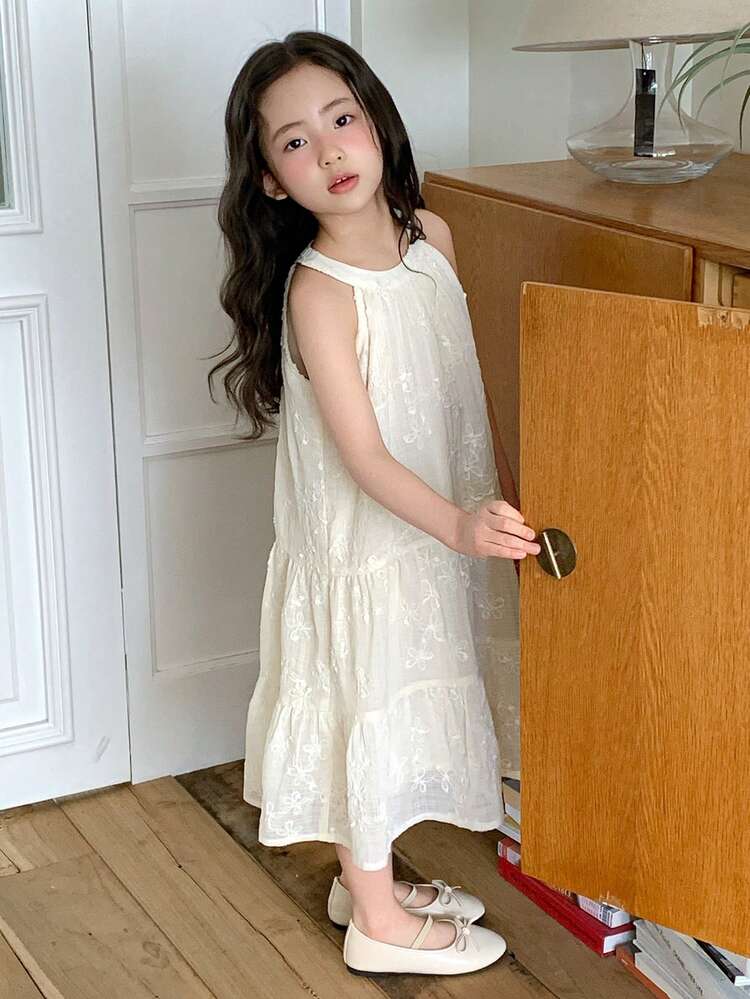 Young Girl Floral Embroidery Ruffle Hem Cute Halter Neck Dress Summer Vacation