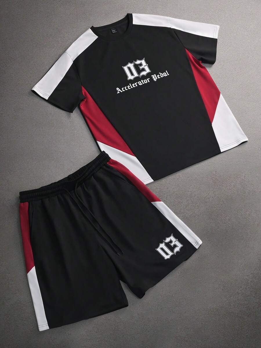 STYNVO Bộ đồ thể thao nam mùa hè, kiểu dáng thường ngày, in chữ, phối màu, tay ngắn và quần short. - Nhiều màu - Xem 1