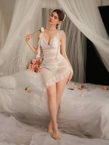 Đồ ngủ gợi cảm cho nữ, chất liệu ren phối lưới xuyên thấu, xếp nếp, vạt bất đối xứng, kèm quần lọt khe, đồ lót quyến rũ cho nữ, đồ lót cô dâu, bộ đồ ngủ gợi cảm, đồ lót cưới cho cô dâu. - trắng - Xem 2