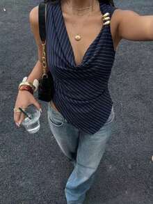 Rafferiza Blusa de mujer a rayas con tela de satén drapeada, ajuste ceñido, cuello halter sin espalda, cuello en V profundo, decoración de anillo de metal, asimétrica, sin mangas, elegante y sexy, top de fiesta estilo Y2K, top de tirantes de verano a rayas, top drapeado de cuello de vaca, top de chaleco de mujer - Azul - Ver 7