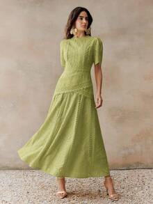 优雅花卉饰边圆领收腰短袖连衣裙（女款） - 綠色 - 查看 5