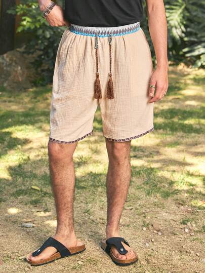 Open Phase 男士休闲日常沙滩度假装，经典波西米亚风休闲短裤，采用仿亚麻纹理面料和图案织带制成，配有抽绳腰带，非常适合夏威夷海滩度假、音乐节和日常穿着。