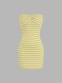 Sweetra Plus Size Women's Summer Beach Vacation Colorblock Striped Pattern Twist Front Bodycon Tube Dress - Light Yellow - View 3