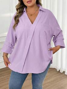 SHEIN CURVE+ Plus Size Casual Solid Color Pocket Shirt, Suitable For Commuting, Autumn - Mauve Purple - View 3