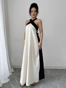 xheRafferiza Vestido de estilo bohemio sin espalda con lazo en el cuello y falda maxi de color contrastante, adecuado para vacaciones de veranoxhe - Albaricoque - Ver 3