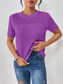EMERY ROSE Women's Round-Neck Solid Color Short-Sleeved Knitted Top For Summer For New Year Clothes Office Deep Purple Elegant - Purple - View 5
